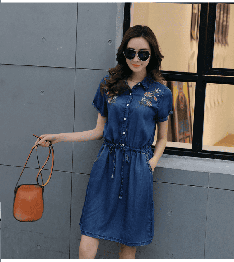 ĐẦM JEAN CỔ SƠ MI THẮT EO THÊU HOA 